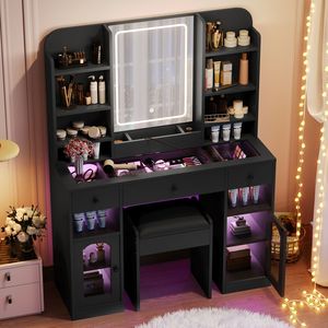Tocador con Espejo LED de 43.2 Pulgadas, Gabinetes con Luces RGB, Superficie de Vidrio, 3 Cajones, Tocador de Maquillaje de ST - Product Image 1