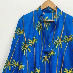 ชุดคลุมชายหาดผ้าฝ้ายสีน้ำเงินลายต้นปาล์มเขตร้อน - Product Image 4