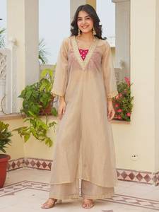 Party Wear Pure Golden <b>Tissue</b> Salsa With Embroidery Sequence & Coding Dori Work Kurta And Slub Satin Silk Blouse And Palazzo - Product Image 2