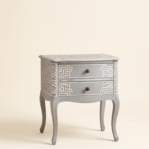 Mesita de Noche Gris de Estilo Antiguo Moderno con Incrustaciones de Hueso Hecha a Mano, Mueble Multifuncional para Dormitorio/Apartamento, India - Product Image 1