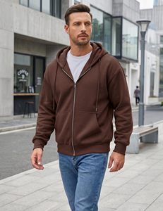 Sweat à capuche zippé Smart Fit pour homme, marron, en polaire, coupe classique, couleur unie, décontracté, pour l'automne, vente en gros - Product Image 3