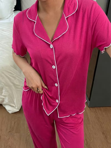 Women Pink Knitted Breathable Jersey Pajama Set Short Sleeve Button Front V-neck Solid Color Sleepwear Two Piece Casual Homewear - Product Image 2