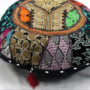 Black Vintage <b>Floral</b> Embroidered Round <b>Cushion</b> <b>Cover</b> Throw Bohemian Floor Patchwork Pillow <b>Cover</b> - Product Image 1