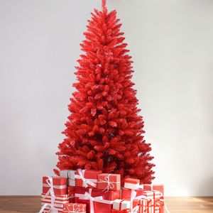 <b>6FT</b> Pure Red PVC Christmas <b>Tree</b> with 804 Hinged Branches Easy Setup & Stable Metal Stand Bold Holiday Decoration - Product Image 1