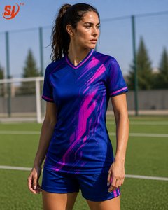 เสื้อฟุตบอลหญิงแบบสั่งทำพิเศษ ลายซับลิเมชั่นล้ำสมัย สำหรับทีม |   ฟุตบอลสีน้ำเงินโคบอลต์และสีม่วงแดง OEM - Product Image 1