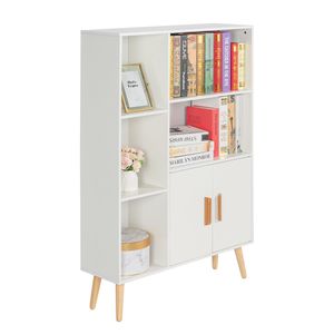 Mobiletto Contenitore in Legno Autoportante per Soggiorno, Libreria a Doppia Anta con 2 Ripiani, 3 Cubi e 4 Gambe, Mobile Laterale Decorativo - Product Image 4