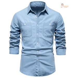 <b>Men's</b> Slim Fit Denim Shirt Long Sleeve Solid Color Cotton Casual Turn-down Collar With Pockets Stonewash Finish - Product Image 2