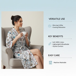 Bata Kimono de Algodón Gris Floral para Mujer, Manga Larga, Cuello en V, Bata de Baño Larga, Ropa de Estar por Casa, Ropa de Dormir con Cinturón Ajustable - Product Image 4