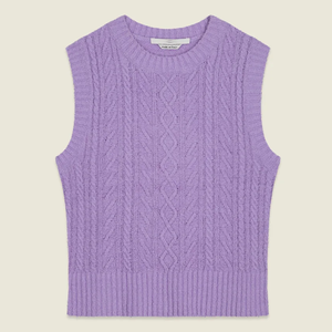 Women's Purple Cable Knit Sleeveless <b>Vest</b> Crew Neck 100% Wool Hand Knitted <b>Crop</b> Length Minimalist Autumn Italy Made - Product Image 1