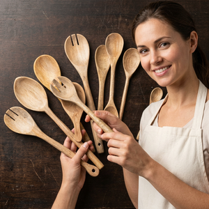 Modern Serve 10-Piece Sustainable Mango/Acacia Wood Durable Lightweight Serving Spoons Natural Kitchen Collection Rice Curry - Product Image 1