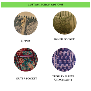 Indian Eco-Friendly Cotton <b>Quilted</b> Tote Bag <b>Double</b> Reinforced Shoulder Handles Hand-painted Zipper Embroidery Green Floral Block - Product Image 5