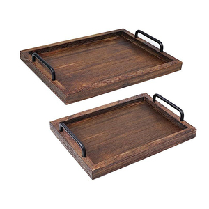 Bandeja de Madera Rústica Ecológica Personalizada, Bandeja de Madera de Acacia con Asa de Metal Negra, Bandejas de Almacenamiento - Product Image 1