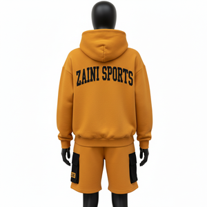 Conjunto de Sudadera con Capucha y Pantalones Cortos de Felpa de Algodón Grueso de 320 GSM para Mujer, Color Mostaza con Paneles Negros Tipo Cargo, Estampado Personalizado - Product Image 2