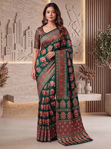 Artisan Ajrak Print Crap Silk <b>Saree</b> With Real Mirror Handwork Unstitched Blouse Festive Wedding Traditional Regional Clothing - Product Image 4