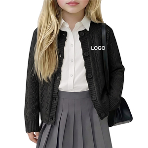 Cardigan en tricot beige, uniforme scolaire, pull à manches longues et col rond, pull ajouré à boutons pour filles - Product Image 4