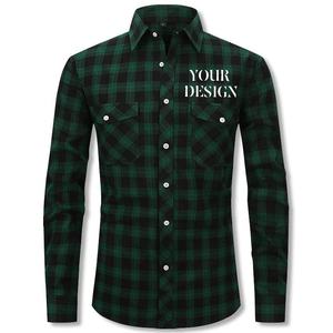 Men's Green Black Plaid Long Sleeve Shirt Custom Printed Front Design Autumn Cotton Shirts in responsible price - Product Image 1
