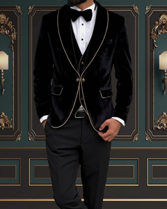 Costume de smoking noir en velours pour homme, 3 pièces, tenue de cérémonie avec garniture dorée, revers cranté, simple boutonnage, style britannique - Product Image 4