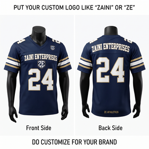 Maillot de football pour homme en polyester mesh premium 180 GSM, bleu marine, blanc, panneaux de manches dorés, logo personnalisé par sublimation, uniforme - Product Image 1