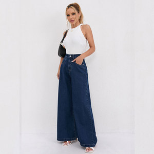 Jeans de mezclilla para mujer, azul oscuro, de cintura alta, acampanados, de pierna ancha, largos hasta el suelo, modernos y versátiles - Product Image 2