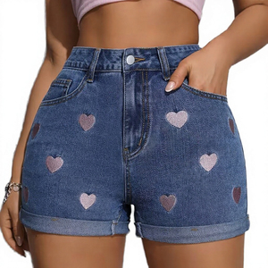 Shorts en jean taille mi-haute pour femme avec imprimé cœur, fermeture à cordon, respirant, polyester/coton, style décontracté, bleu délavé - Product Image 6