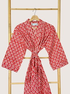 Bata Larga Estampada Floral para Mujer, Manga Corta, Cuello Mandarín, 100% Poliéster, Suave, Informal, para Verano, con Cierre de Cordón - Product Image 4