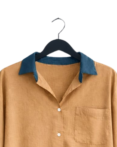 Conjunto de Dos Piezas para Mujer, Camisa Amarillo Mostaza y Pantalones Anchos Azules, Estilo Casual de Algodón y Lino, Ropa Holgada de Verano, OEM - Product Image 6