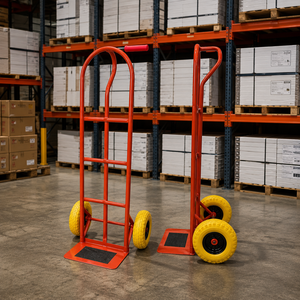 Red Steel Hand <b>Cart</b> With Yellow Wheels Four-Wheel Industrial Platform Durable Powder Coated Structure - Product Image 1
