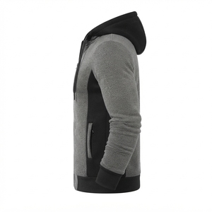 Men Cotton <b>Fleece</b> Zip-Up Hoodie, <b>Grey</b> Contrast Panel Sportswear <b>Jacket</b>, Wholesale OEM Custom Casual Hoodies Manufacturer - Product Image 3