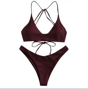 Unisex Red Two-Piece High Neck <b>Crossed</b> Halter <b>Top</b> Embroidery Print Bottom Plus Size Stretch Polyester Seamless Bikini Set - Product Image 5