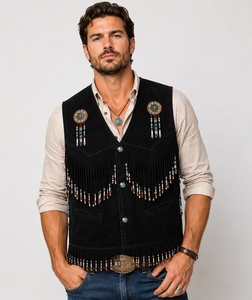 Gilet en daim noir pour homme, style western cowboy, à franges, dernier design, très tendance |   Fournisseur de vestes en cuir artisanales de qualité supérieure - Product Image 3