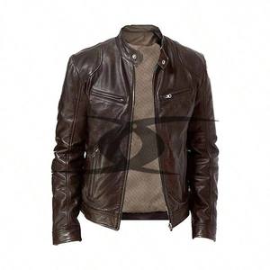 Blouson d'hiver pour homme en cuir d'agneau véritable OEM, imperméable, respirant, col montant, marron classique, coupe ajustée, style motard - Product Image 2