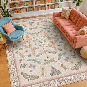 Tappeto Boho Rosa Chiaro 5x7FT per Cameretta e Soggiorno, Lavabile con Stampa di Insetti Naturali per Arredamento Casa - Product Image 5
