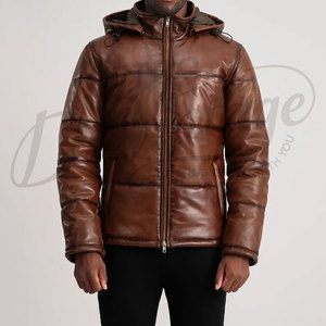 Chaqueta de Cuero Marrón Vintage para Hombre, Chaqueta Acolchada con Capucha Desmontable, Abrigo de Invierno Acolchado, Ropa Exterior de Estilo Antiguo - Product Image 3