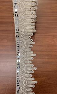 Designer Hand Look Mirror Work Pearl Bead Scalloped Lace Border Wholesale Indian Ethnic <b>Kaftan</b> Saree Decorative Garment Trim - Product Image 3
