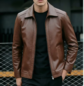 TRIBON SPORTS Men's Brown Cowhide <b>Leather</b> Bomber <b>Jacket</b> Stand Collar Zipper Closure Regular Fit Breathable Casual <b>Winter</b> Premium - Product Image 1