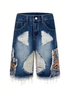 <b>Men's</b> Streetwear <b>Patch</b> Embroidery Chrome Heart Design Denim <b>Shorts</b> Knitted Breathable Windproof Mid Waist Button Fly - Product Image 1