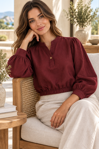 <b>Women's</b> Burgundy <b>Linen</b> Cotton Loose Woven Blouse Puff Sleeve Crew Neck Top Elastic Waist Long Sleeve Casual All Seasons - Product Image 6