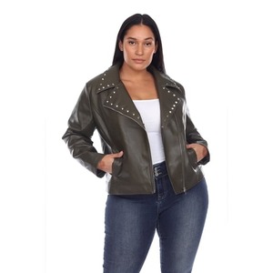 Chaqueta de Motociclista de Cuero PU Verde Oliva con Detalles de Remaches, Cuello Camisero, Cierre de Cremallera, Corte Regular, Unisex, para Otoño - Product Image 1