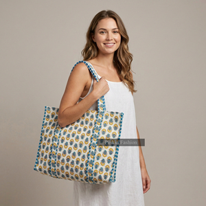 Bolso Tote Grande de Algodón Acolchado con Estampado Floral Hecho a Mano en Jaipur para Primavera/Verano, con Cremallera, Ecológico, para Playa o Viaje, para Mujer - Product Image 1