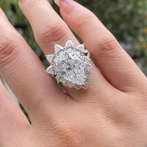 Pear Cut Lab Diamond Floral Halo Engagement <b>Ring</b> 18K Gold Plated Silver Dainty Unique Bridal <b>Stacking</b> Band Unisex - Product Image 1