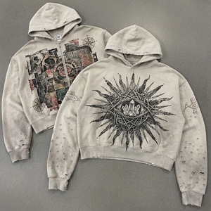 Unisex Cropped Hooded Zipper Sweatshirt Printed Tree Pattern Oversized Fit Casual Style Autumn Wear 100 Cotton Knitted Fabric - Product Image 3