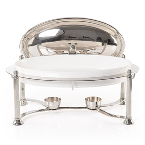 Plat à chafing rectangulaire élégant en argent, sur un support orné à quatre pieds avec supports pour brûleurs et couvercle assorti, idéal pour les mariages - Product Image 5