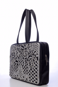 Hand Embroidered Folk Art Black <b>Tote</b> <b>Bag</b> with Tatami Stitches <b>Silver</b> Floral Pattern Unisex Adult Style Durable Silk Material - Product Image 4
