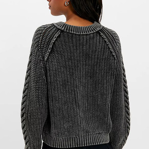 Suéter de punto trenzado gris personalizado para mujer, cuello redondo, manga farol, lana gruesa, tejido a mano, color sólido, informal, holgado, para invierno - Product Image 2