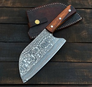 Couteau à découper en acier Damas forgé – Lame artisanale de 12 pouces avec manche en bois et étui en cuir – Couteau d'extérieur - Product Image 1