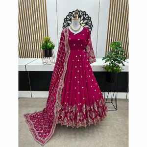 Vestido de Fiesta con Bordado de Lentejuelas en Georgette de Lujo con Dupatta Rosa - Product Image 1