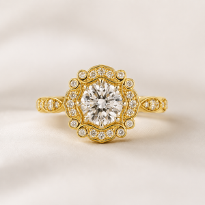 Bague de fiançailles en or jaune 10 carats massif avec halo de diamants ronds de 2 carats, couleur E, pureté VS1, et diamant de laboratoire octogonal de 2,24 carats, certifiée IGI, bijoux fins - Product Image 4