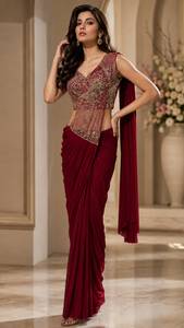 Sari en soie bordeaux avec broderie lourde de miroirs et broche, style Bollywood pour femme, idéal pour mariage - Product Image 6