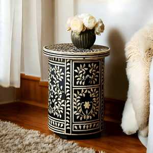 Traditional <b>Round</b> <b>Console</b> <b>Table</b> With Floral Inlay Storage Drawer Antique Style Wooden Pedestal Base Living Room Furniture - Product Image 1
