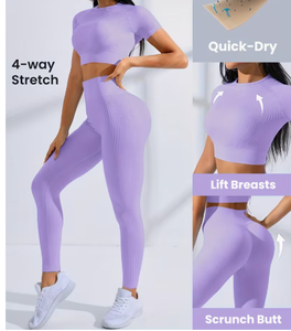 Lavender Ribbed Yoga Set High Waist Full Length <b>Leggings</b> With Short Sleeve <b>Crop</b> Top Seamless Four-Way Stretch Two Piece - Product Image 5